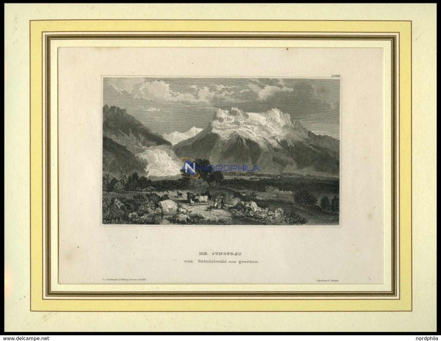 Die JUNGFRAU Von Gindelwald Aus Gesehen, Stahlstich Von B.I. Um 1840 - Lithographien