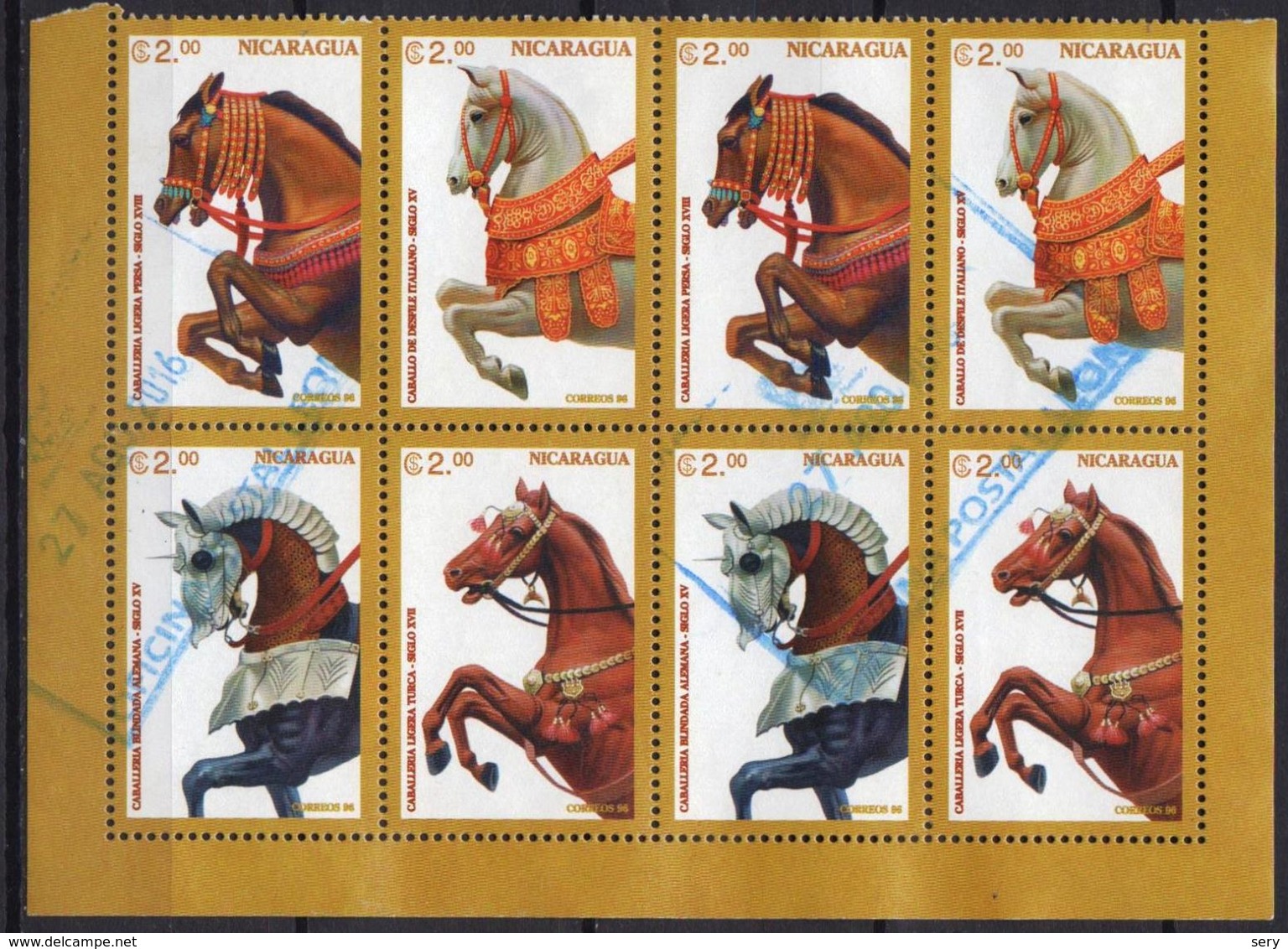 Nicaragua 1996 Haft Sheet 8 V Used Medieval Horse Decorations Horses  Chevaux Cheval Caballos Cavalli Pferd Pferde - Cavalli