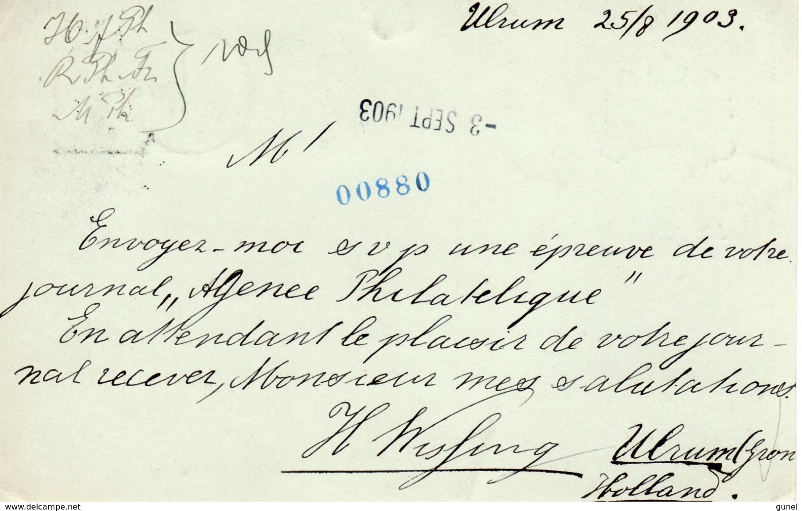 26 AUG 1903 Bk G55 Bijgefrankeerd Met Kleinrond ULRUM Naar Stuttgart - Postal Stationery