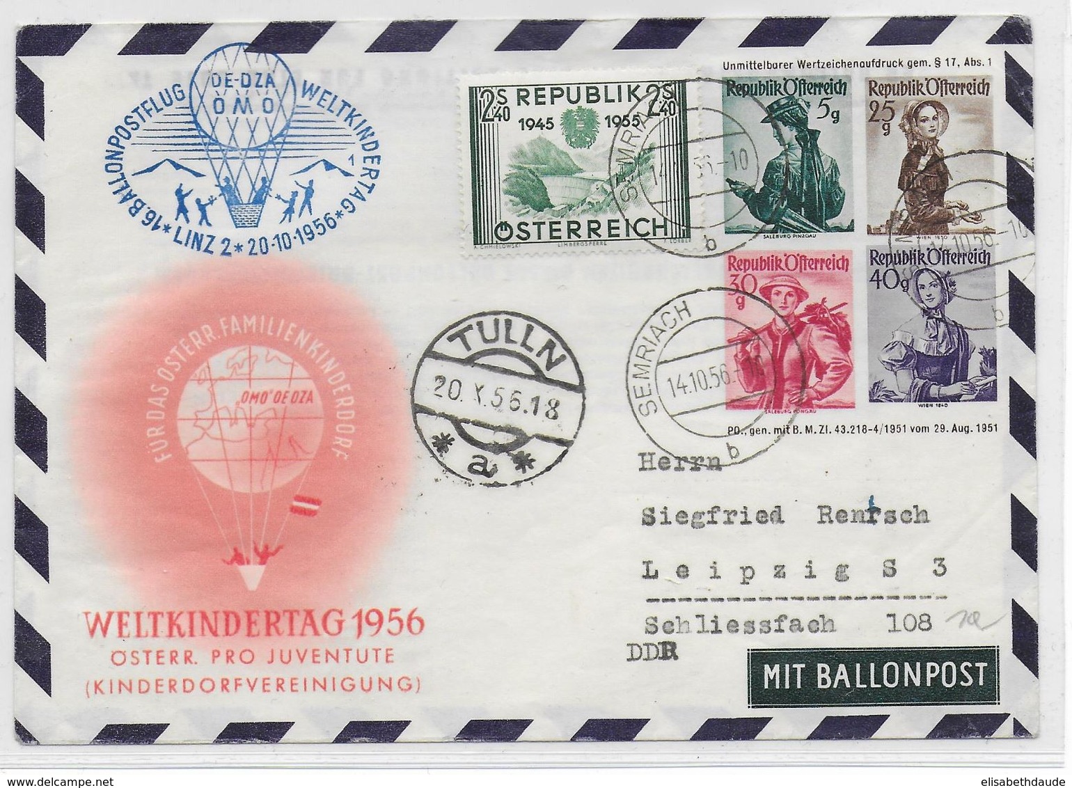 AUTRICHE - BALLONPOST - 1956 - ENVELOPPE ENTIER POSTAL Par BALLON De SEMRIACH - Ballonpost