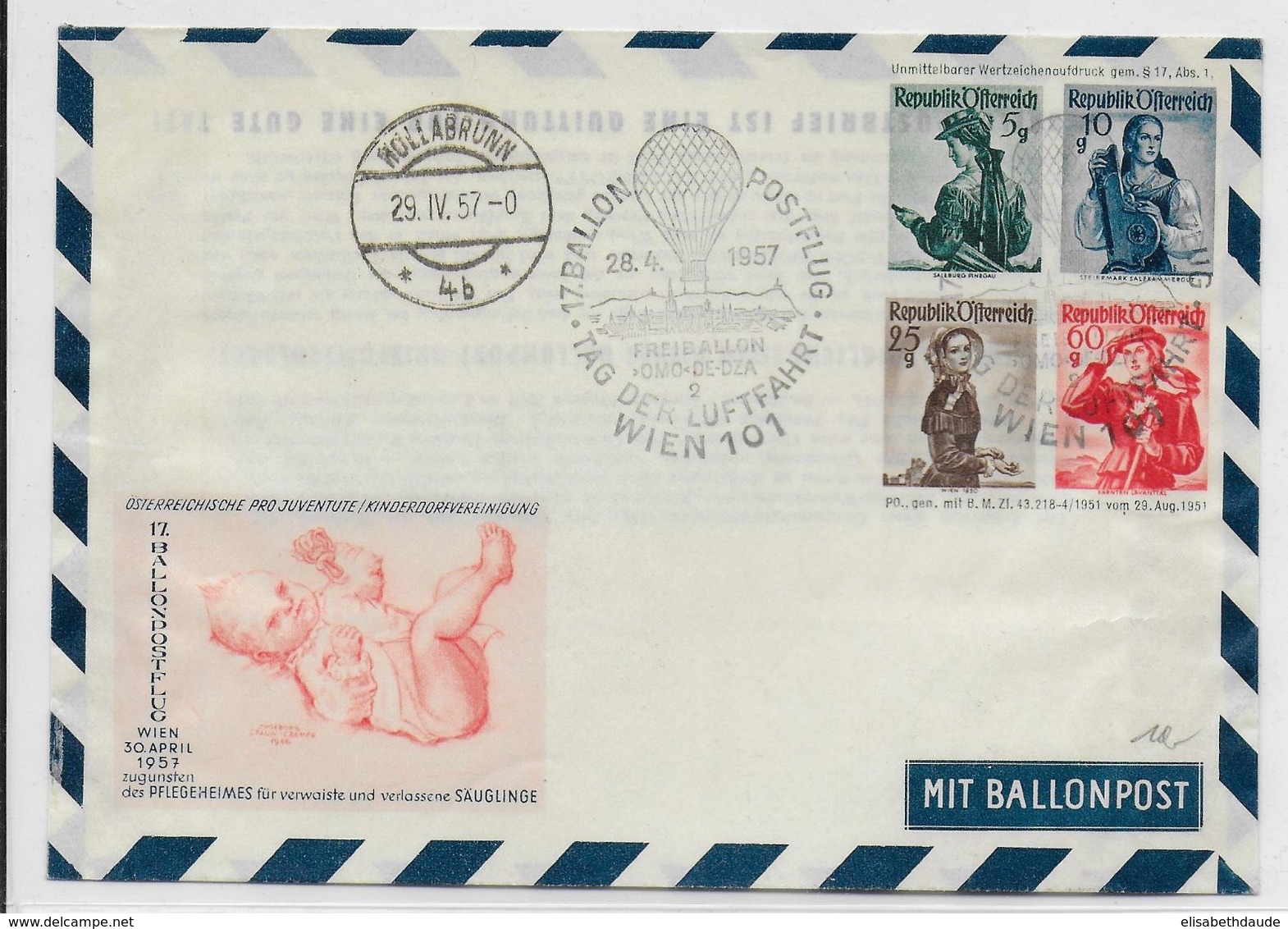 AUTRICHE - BALLONPOST PRO JUVENTUTE - 1957 - ENVELOPPE ENTIER POSTAL Par BALLON De WIEN - Globos