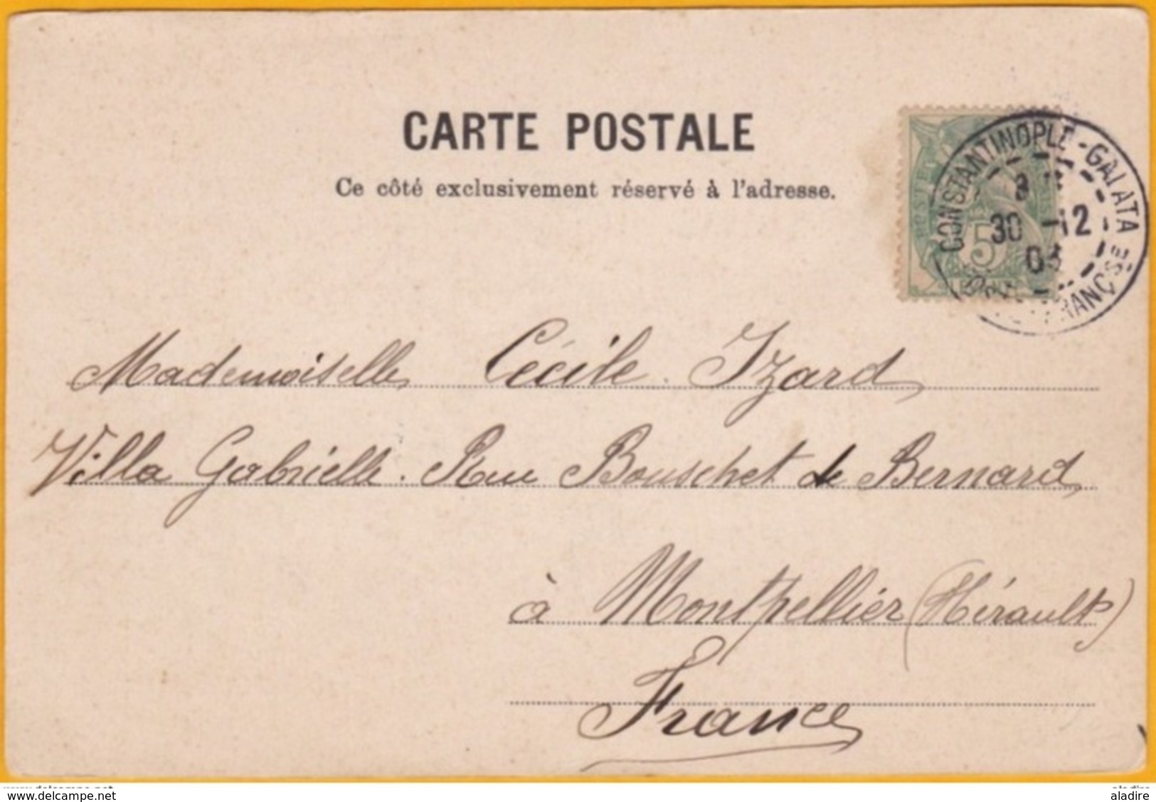 1903 - CP De Constantinople Galata, Levant Français Vers Montpellier, France - Affrt 5c Type Blanc Levant - Vue Bosphore - Cartas & Documentos