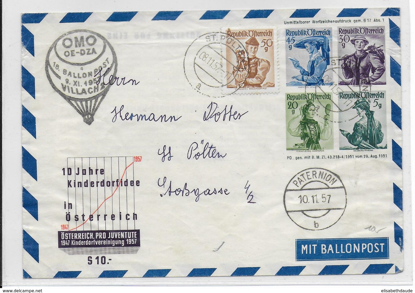 AUTRICHE - BALLONPOST PRO JUVENTUTE - 1957 - ENVELOPPE ENTIER POSTAL Par BALLON De ST PÖLTEN - Globos