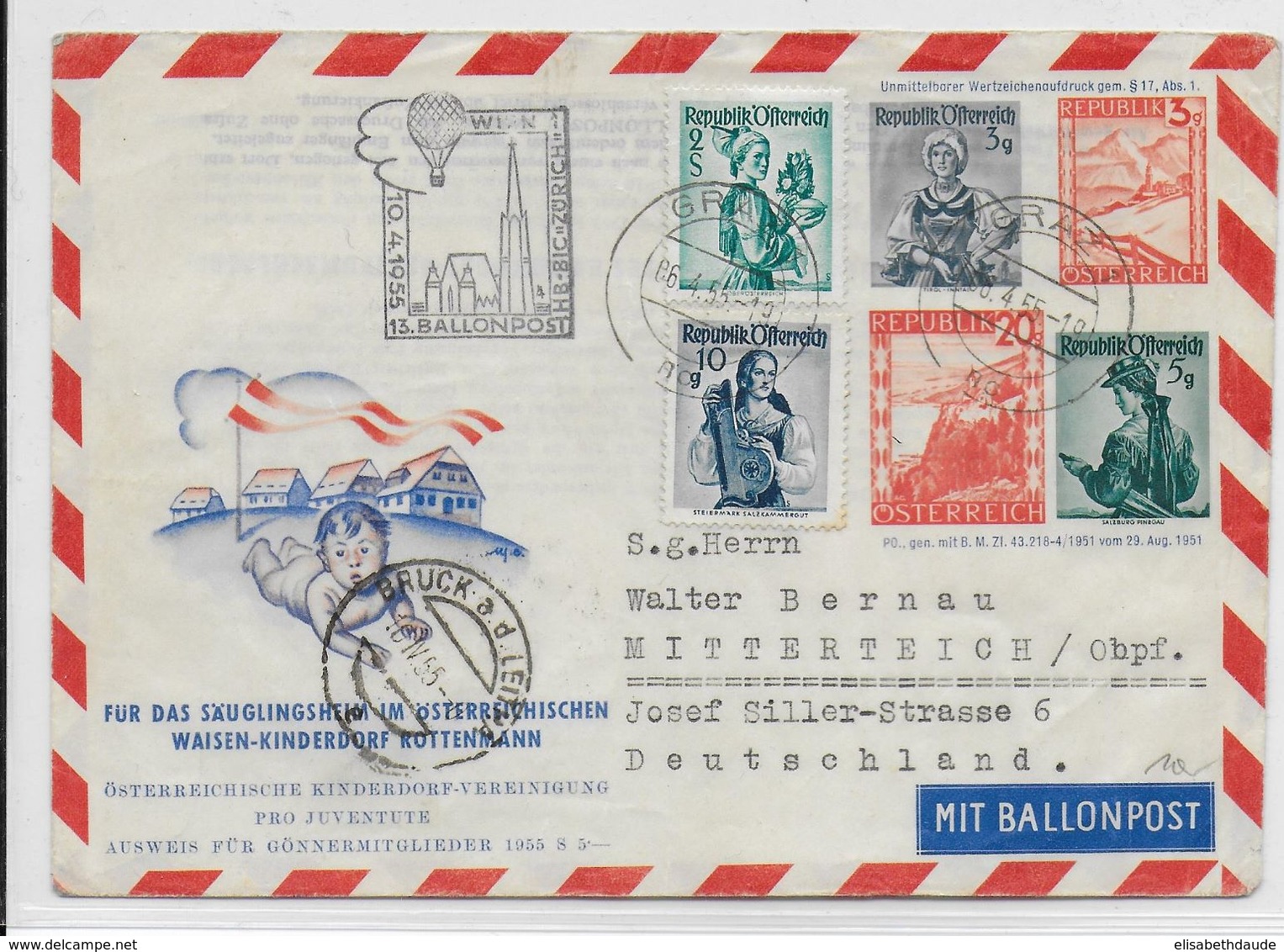 AUTRICHE - BALLONPOST PRO JUVENTUTE - 1955 - ENVELOPPE ENTIER POSTAL Par BALLON De GRAZ - Par Ballon