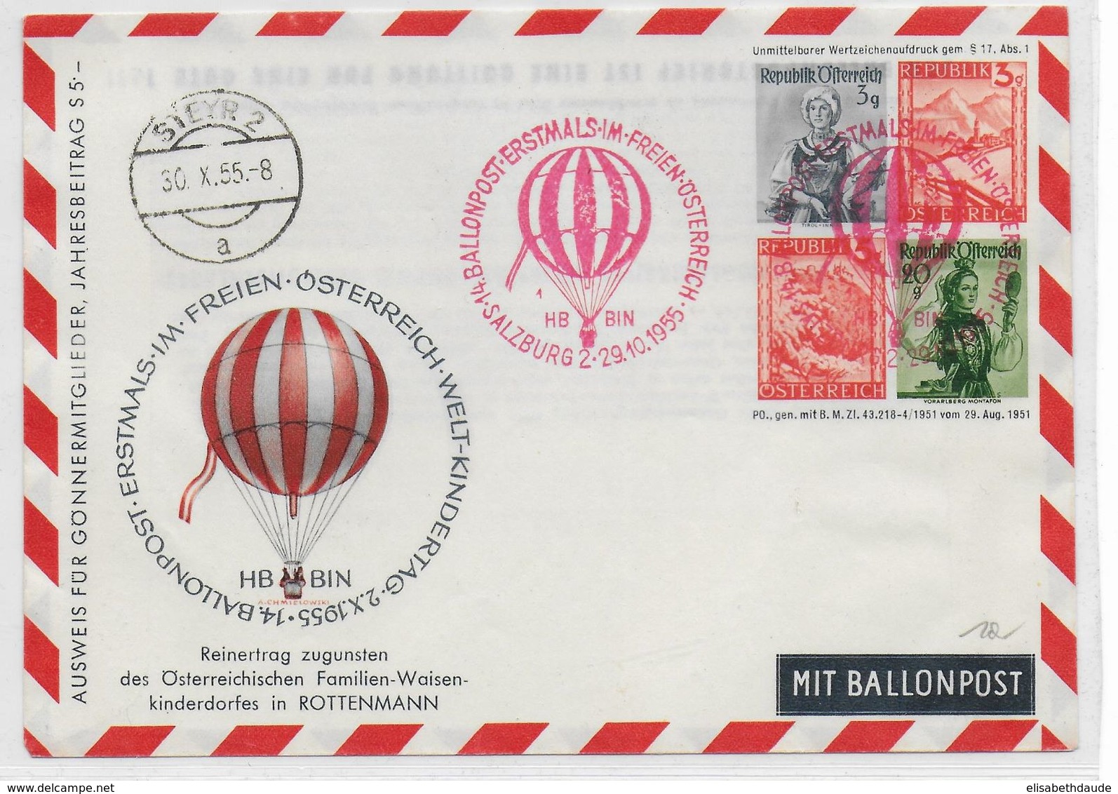 AUTRICHE - BALLONPOST PRO JUVENTUTE - 1955 - ENVELOPPE ENTIER POSTAL Par BALLON De SALZBURG - Per Palloni