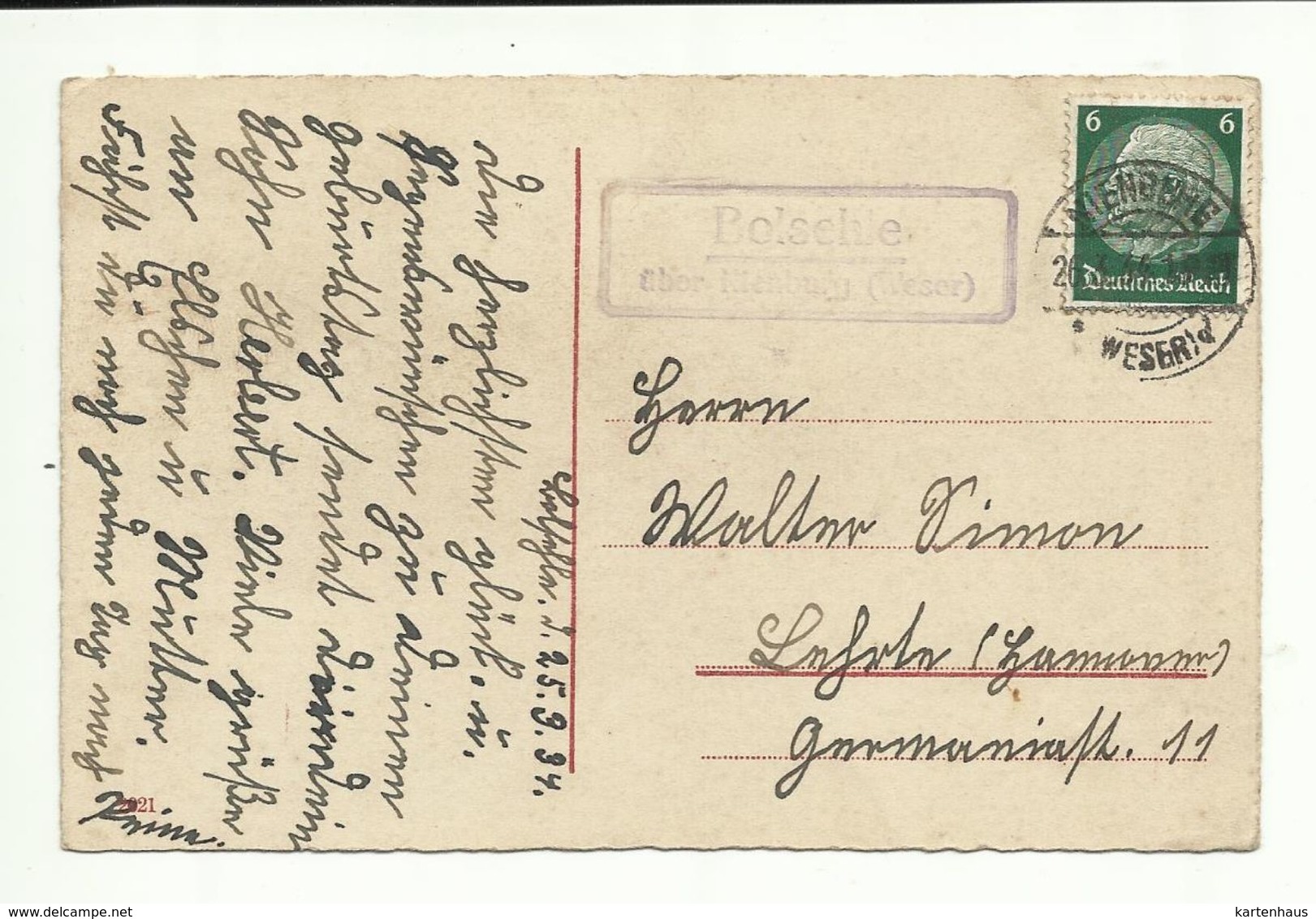 C. Klein * Catharina Klein * Geburtstag * Veilchen * Landpoststempel Bolsehle * 1934 - Klein, Catharina