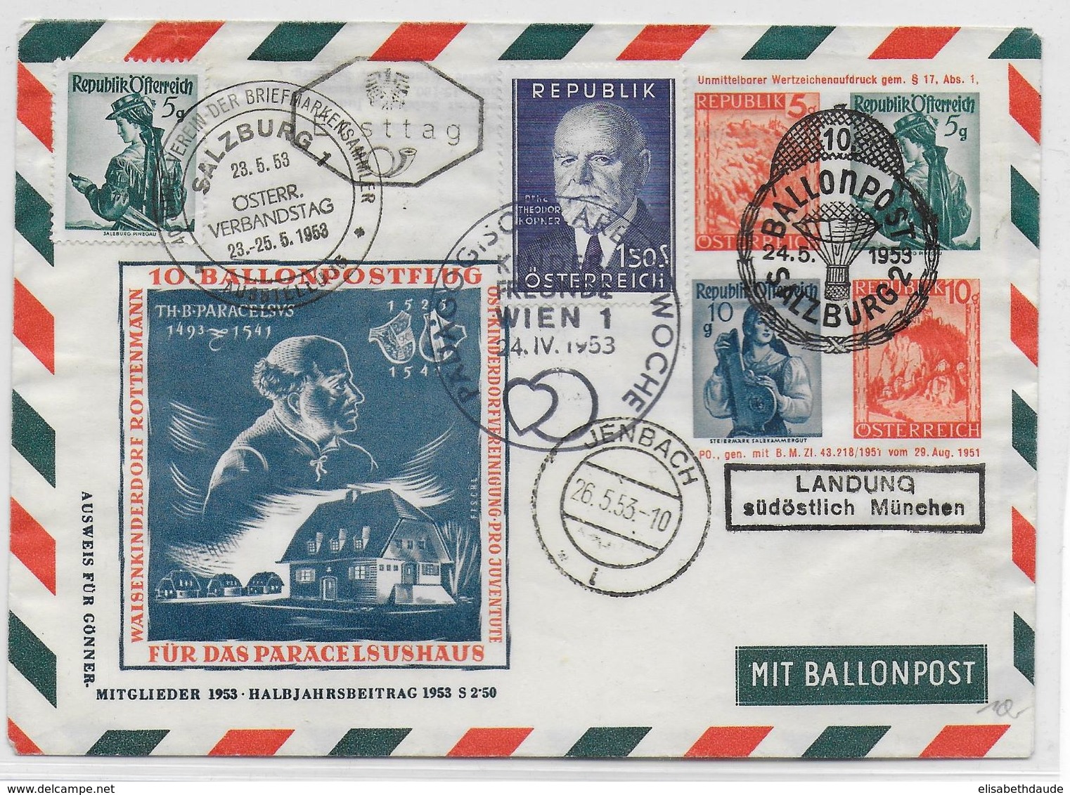 AUTRICHE - BALLONPOST PRO JUVENTUTE - 1953 - ENVELOPPE ENTIER POSTAL Par BALLON De SALZBURG - Globos