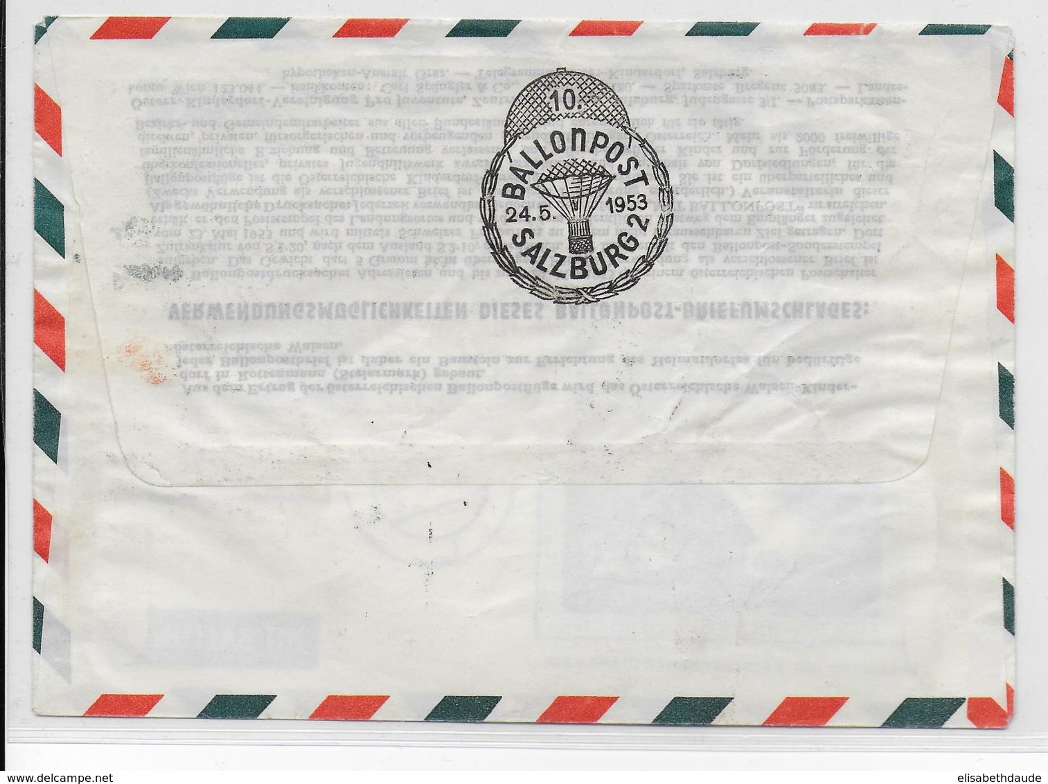 AUTRICHE - BALLONPOST PRO JUVENTUTE - 1953 - ENVELOPPE ENTIER POSTAL Par BALLON De SALZBURG - Globos