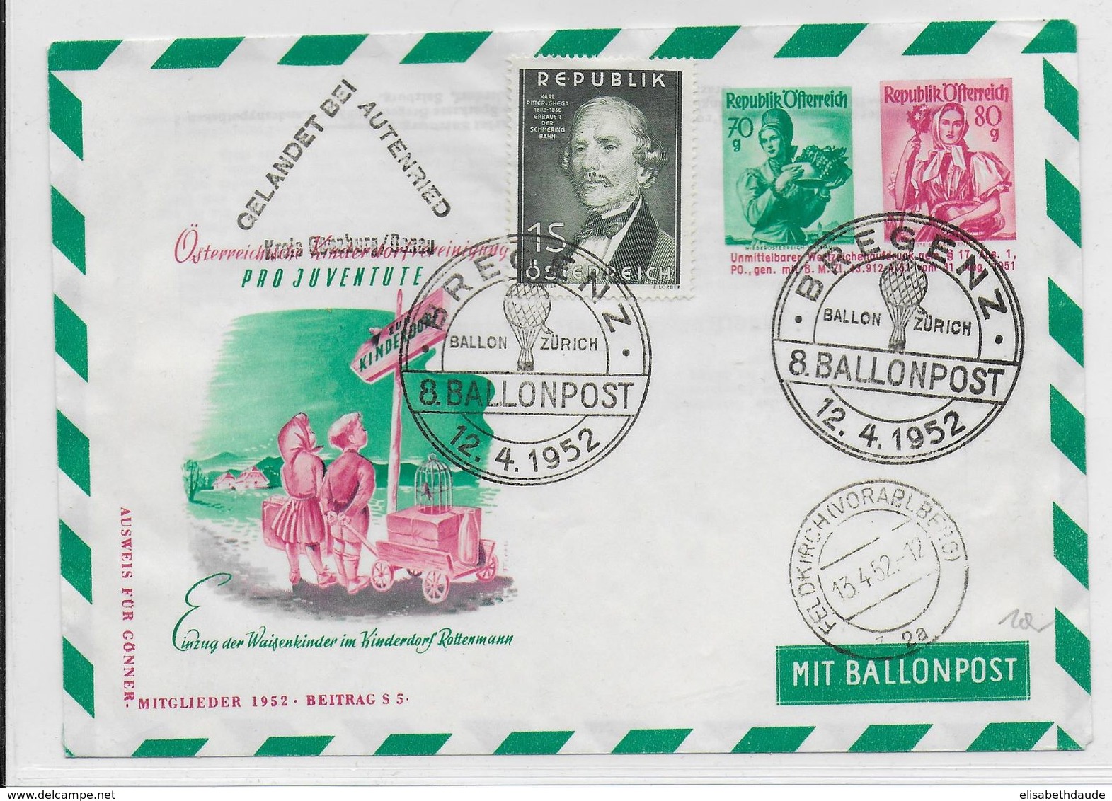 AUTRICHE - BALLONPOST PRO JUVENTUTE - 1952 - ENVELOPPE ENTIER POSTAL Par BALLON De BREGENZ - Ballonpost