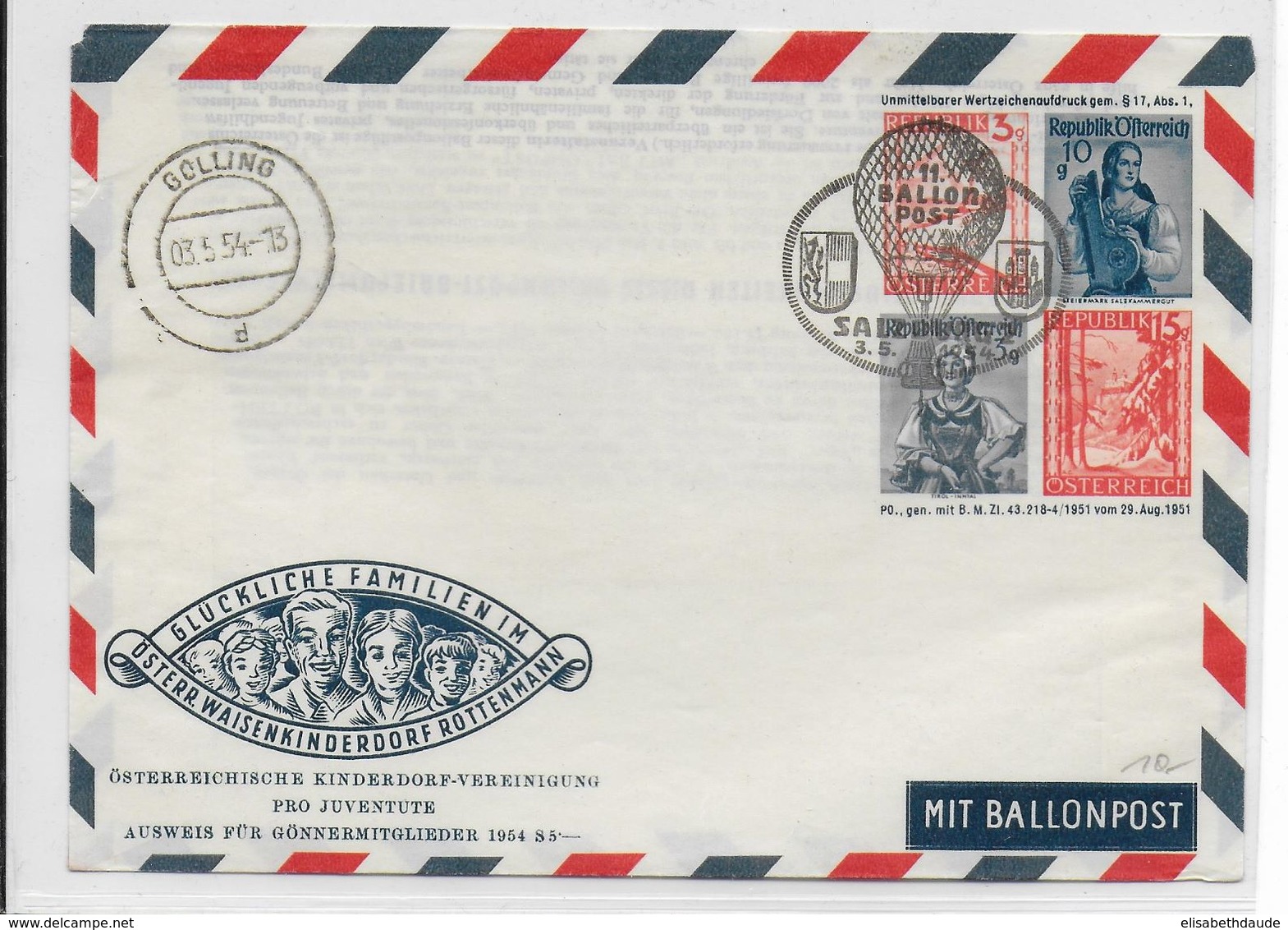 AUTRICHE - BALLONPOST PRO JUVENTUTE - 1954 - ENVELOPPE ENTIER POSTAL Par BALLON De SALZBURG - Par Ballon