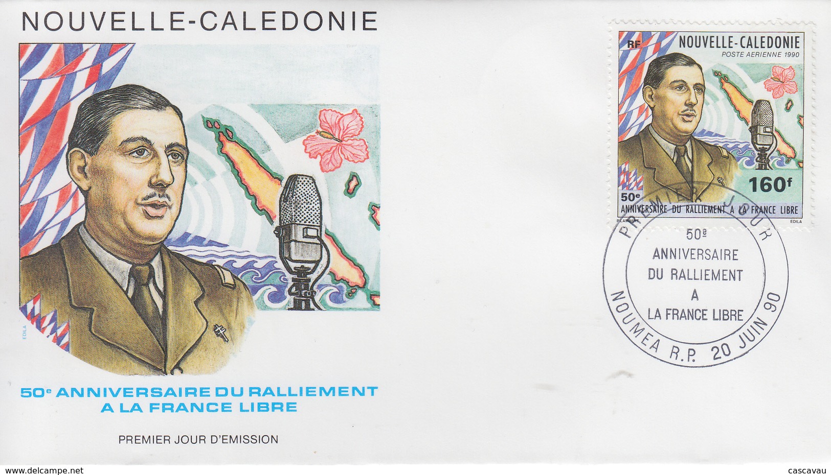 Enveloppe  FDC  1er  Jour  NOUVELLE  CALEDONIE   Charles  DE  GAULLE    Ralliement  à   La  France   Libre   1990 - De Gaulle (Général)