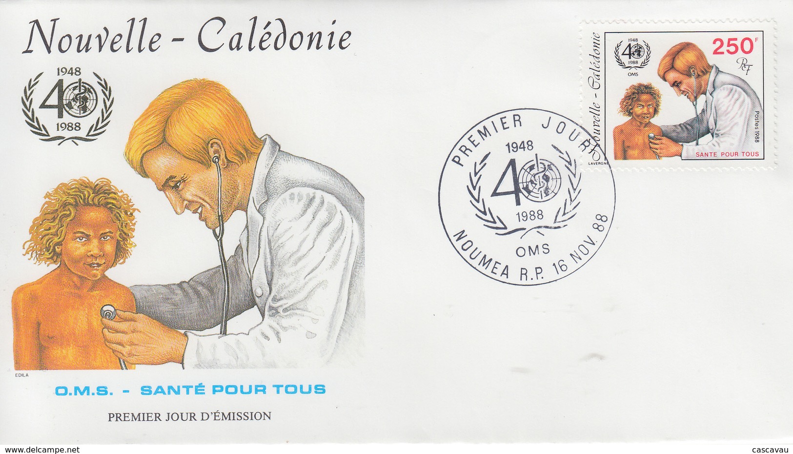 Enveloppe  FDC  1er Jour   NOUVELLE CALEDONIE   40éme  Anniversaire  De  L'  O.M.S    1988 - FDC