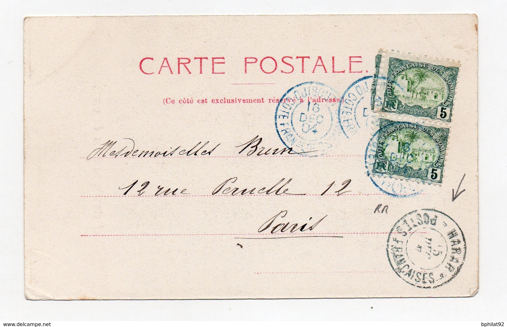 !!! COTE DES SOMALIS, CPA DE 1904 CACHET HARAR POSTES FRANCAISES - Lettres & Documents