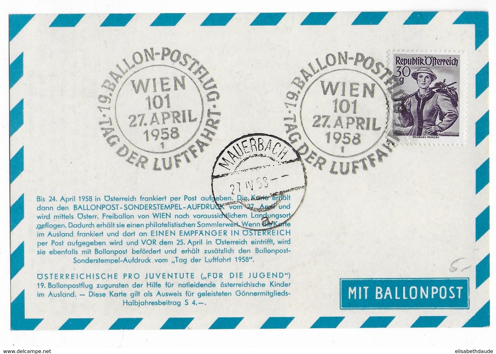 AUTRICHE - BALLONPOST PRO JUVENTUTE - 1958 - CARTE ILLUSTREE (VOIR DOS) Par BALLON De WIEN - Ballons