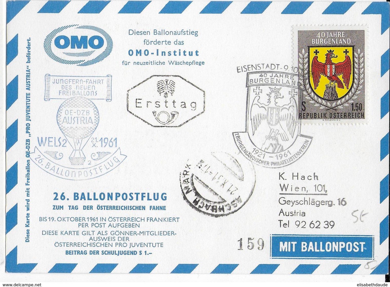 AUTRICHE - BALLONPOST PRO JUVENTUTE - 1961 - CARTE ILLUSTREE (VOIR DOS) Par BALLON De EISENSTADT - Per Palloni