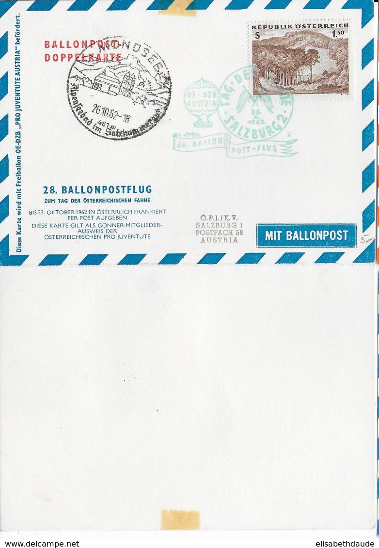 AUTRICHE - BALLONPOST PRO JUVENTUTE - 1962 -CARTE DOUBLE ILLUSTREE (VOIR DOS) Par BALLON De SALZBURG TENANT FDC ALLEMAND - Balloon Covers