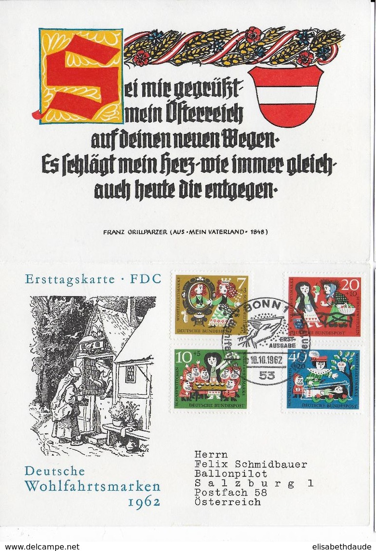 AUTRICHE - BALLONPOST PRO JUVENTUTE - 1962 -CARTE DOUBLE ILLUSTREE (VOIR DOS) Par BALLON De SALZBURG TENANT FDC ALLEMAND - Globos