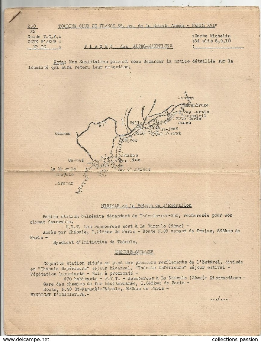 Notice ,PLAGES DES ALPES MARITIMES , Touring Club De France , Guise T.C.F. 8 Pages , 2 Scans , Frais Fr 1.75 E - Geographical Maps