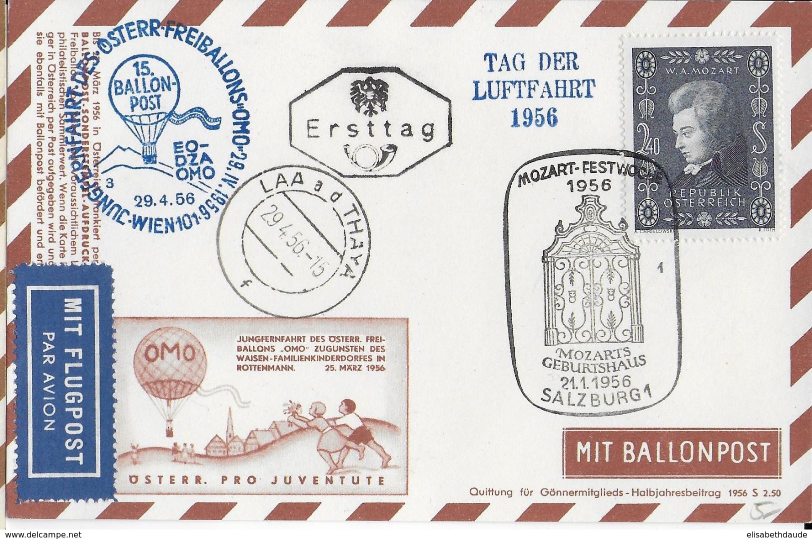 AUTRICHE - BALLONPOST PRO JUVENTUTE - 1956 - CARTE ILLUSTREE (VOIR DOS) Par BALLON De SALZBURG FESTIVAL MOZART - Balloon Covers