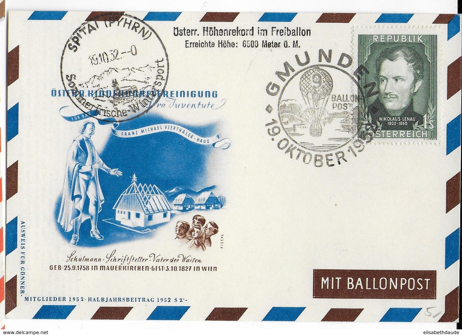 AUTRICHE - BALLONPOST PRO JUVENTUTE - 1952 - CARTE ILLUSTREE (VOIR DOS) Par BALLON De GMUNDEN - Globos