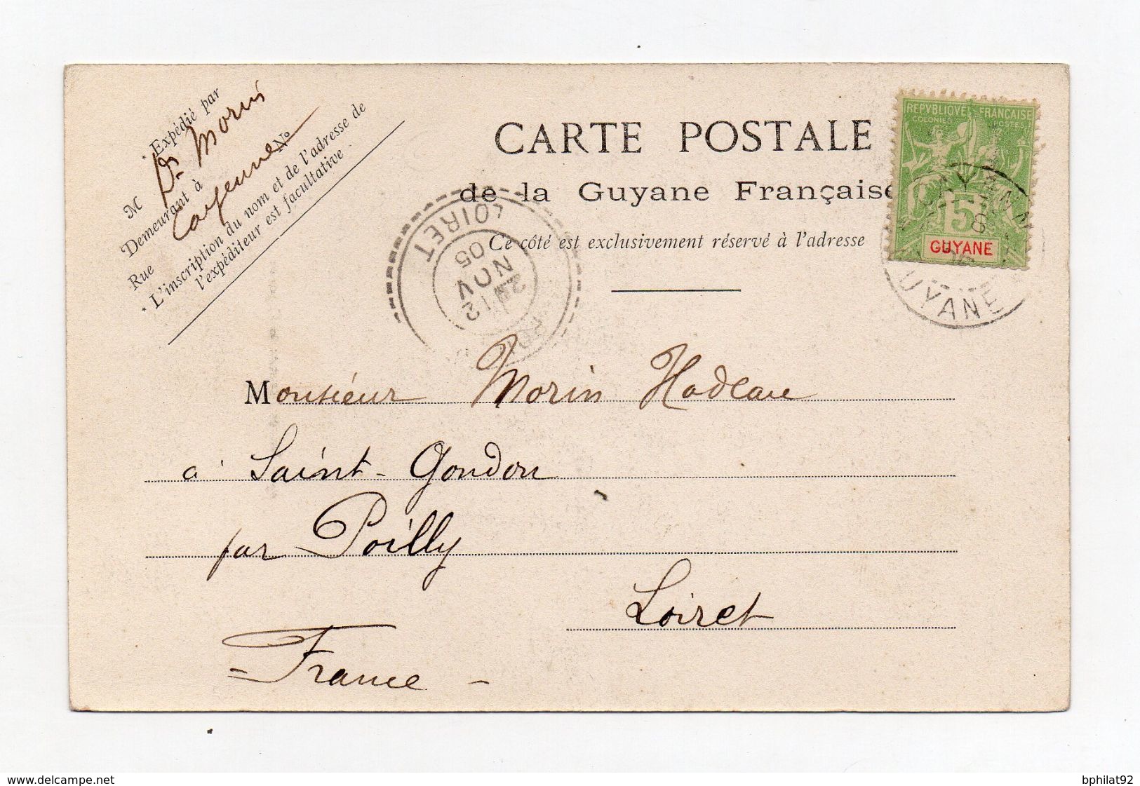 !!! PRIX FIXE : GUYANE, CPA DE CAYENNE DE 1905 POUR LA FRANCE - Lettres & Documents