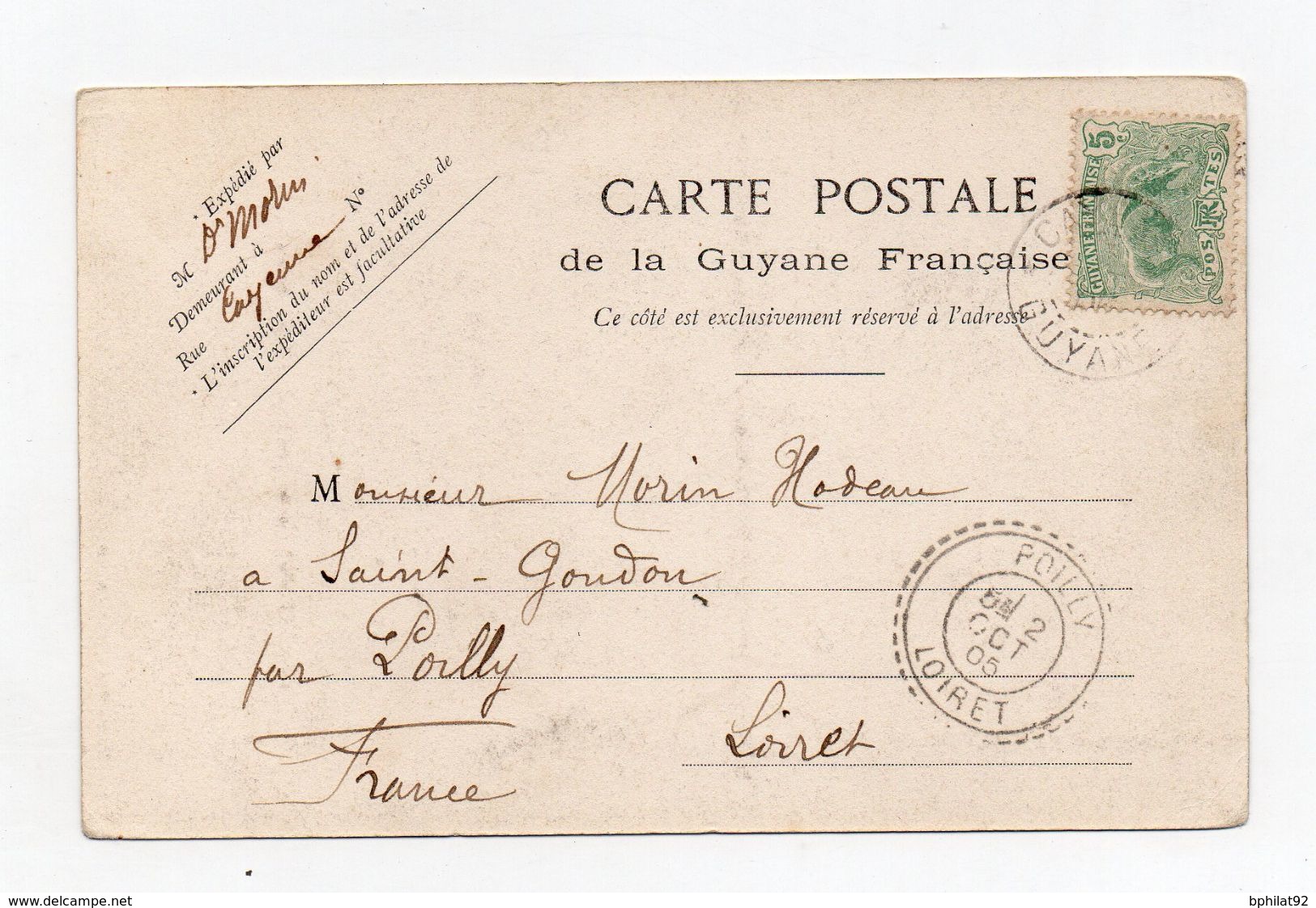 !!! PRIX FIXE : GUYANE, CPA DE CAYENNE DE 1905 POUR LA FRANCE - Lettres & Documents