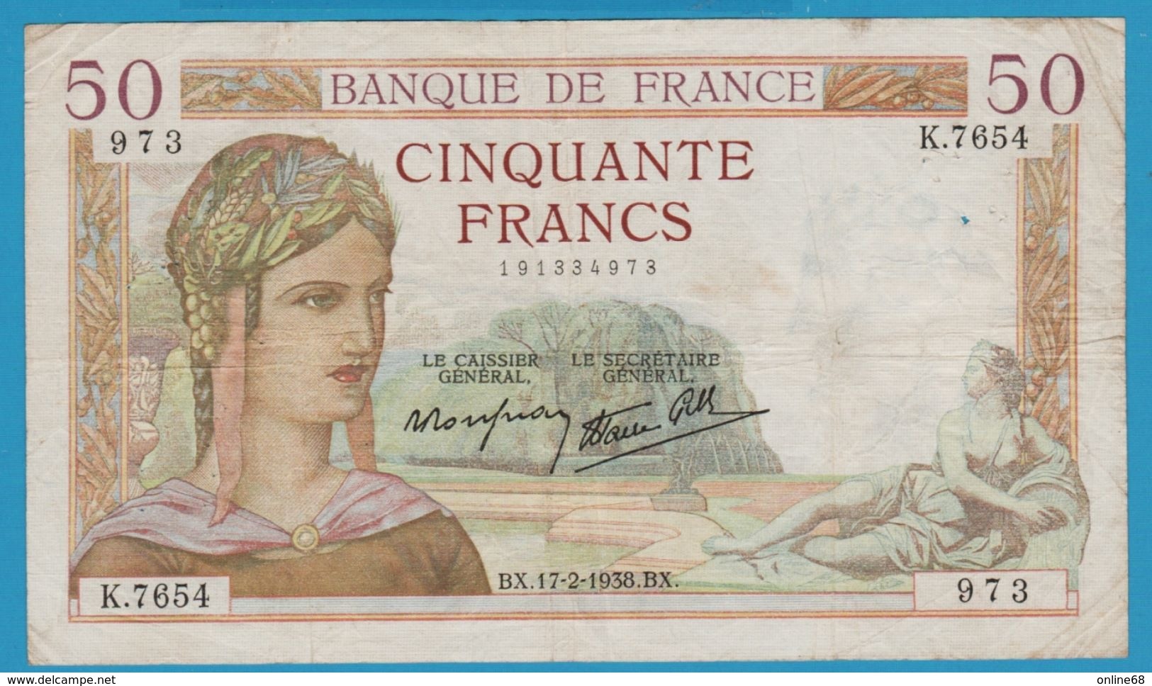 FRANCE 50 Francs CERES	17.02.1938	Serie K.7654 - 50 F 1934-1940 ''Cérès''