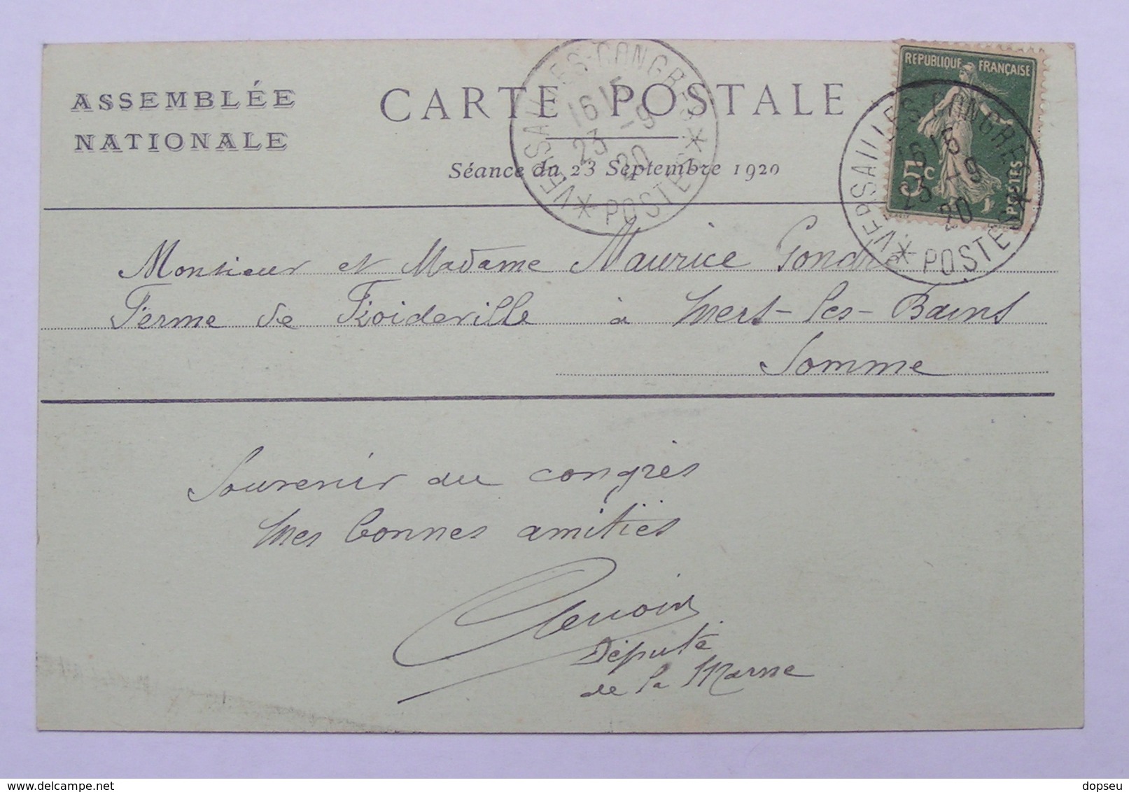 80 MERS LES BAINS Carte Du Palais De Versailles ASSEMBLEE NATIONALE QUESTURE 1920 Du Député De La Marne - Mers Les Bains
