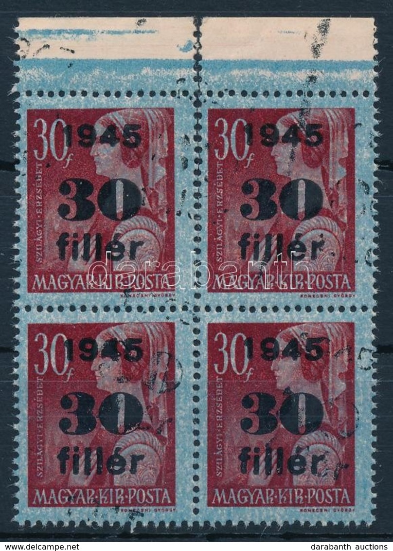 ** 1945 Kisegítő 30f/30f Négyestömb Kettős Felülnyomással. Látványos, Ritka Darab! / Mi 789 Block Of 4 With Double Overp - Other & Unclassified