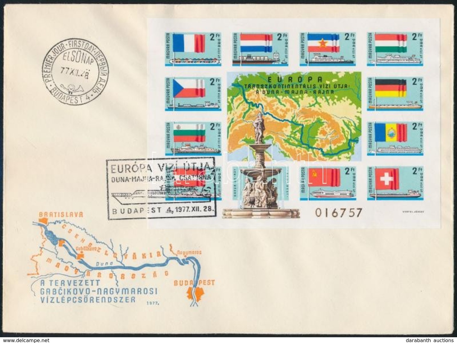 1977 Európa Transzkontinentális Vízi útja: Duna-Majna-Rajna Vágott Blokk FDC-n - Altri & Non Classificati