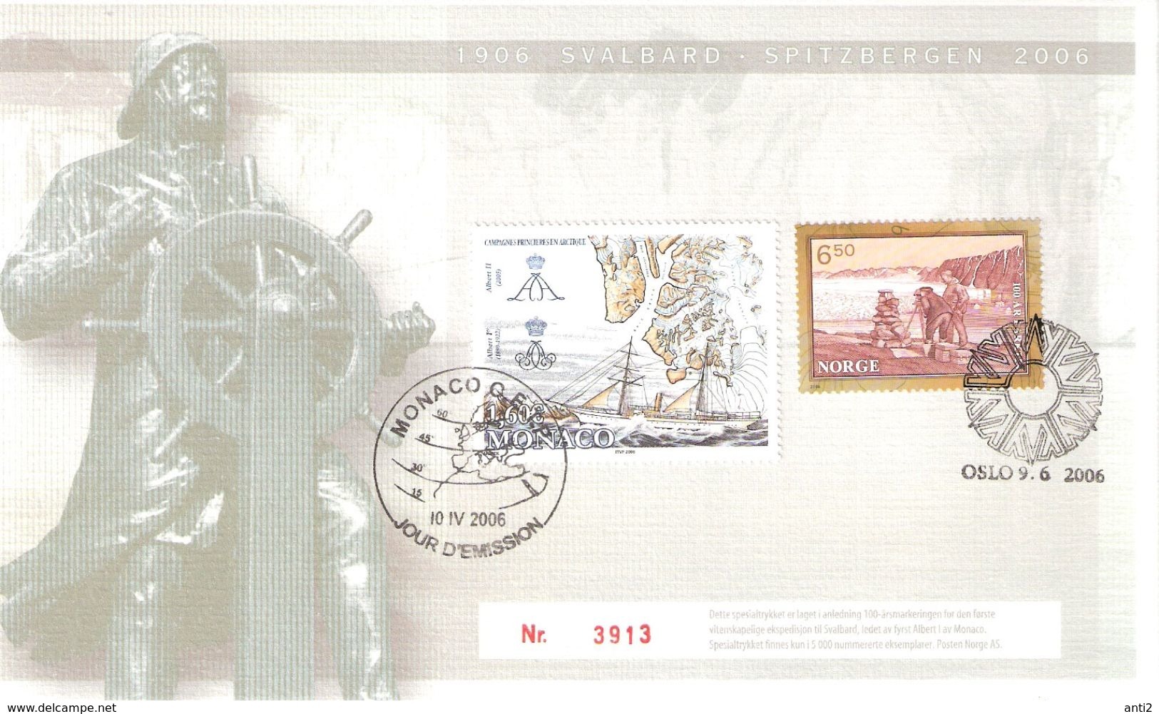 Norway 2006 Scientific Expedition To Spitzbergen, Monaco Ship, Mi 1578 Norway, Monaco Mi 2794, Souvenircard - Covers & Documents