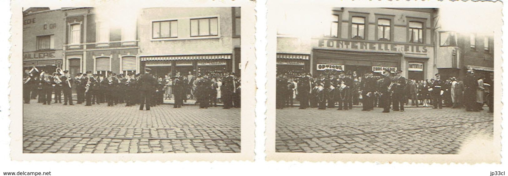 Jolimont 2 Photos De La Fanfare Des Pompiers De Renaix Ronse Prises En Juin 1948 Devant La Bêche D'Or Et Fontenelle Fils - Orte