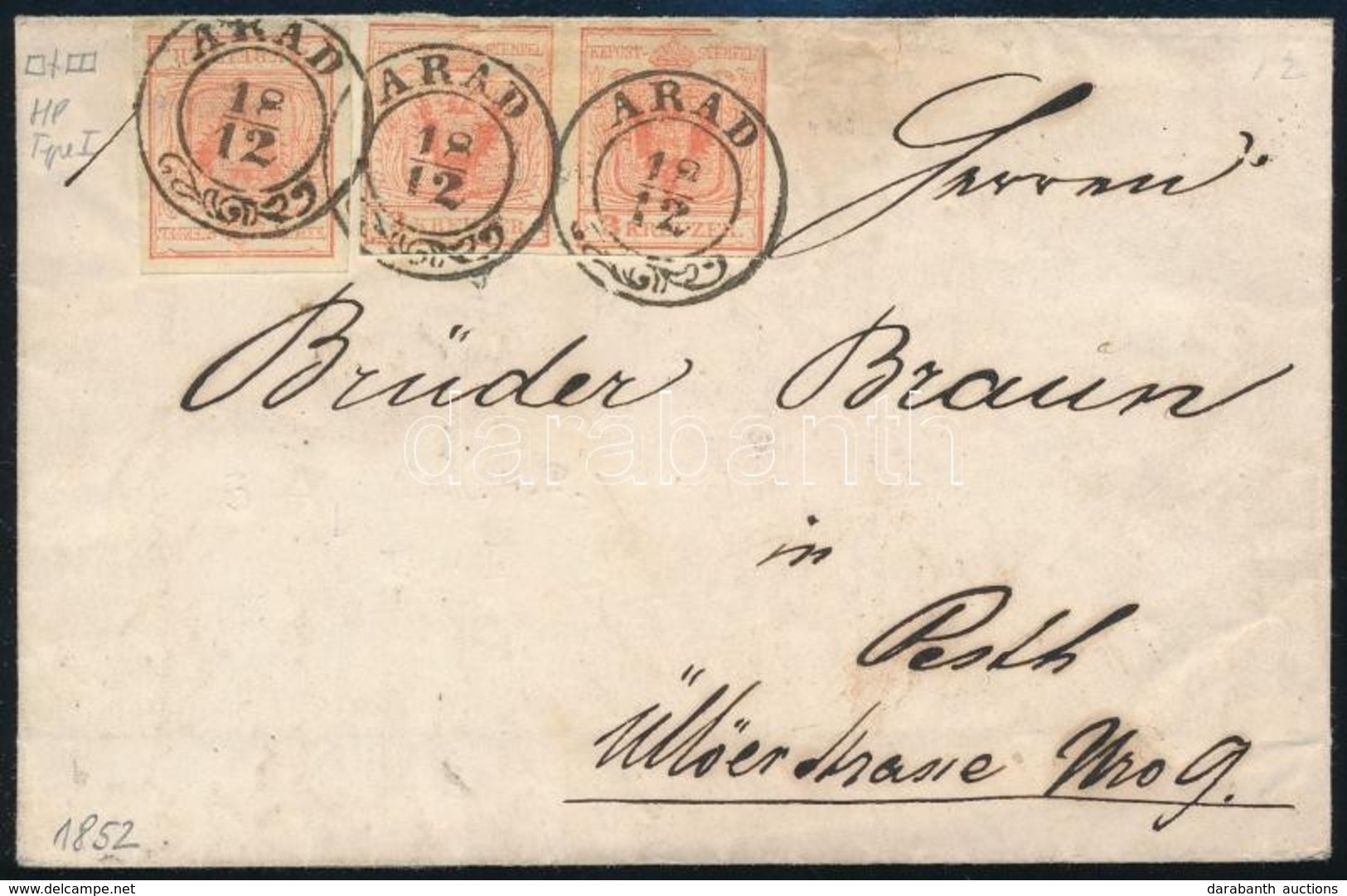 1852 3kr + (sérült) 3kr HP I Pár Levélen 'ARAD' - 'PESTH' - Other & Unclassified