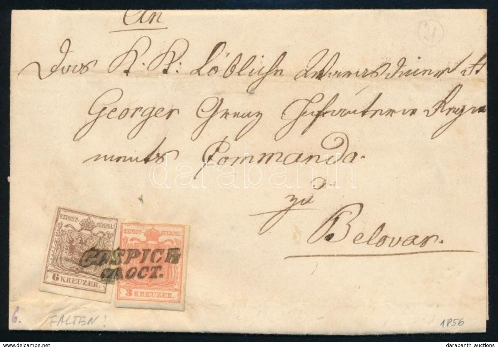 1856 3kr + 6kr (papírráncos Bélyegek) Levélen ,,GOSPICH' - ,,BELLOVAR' - Other & Unclassified