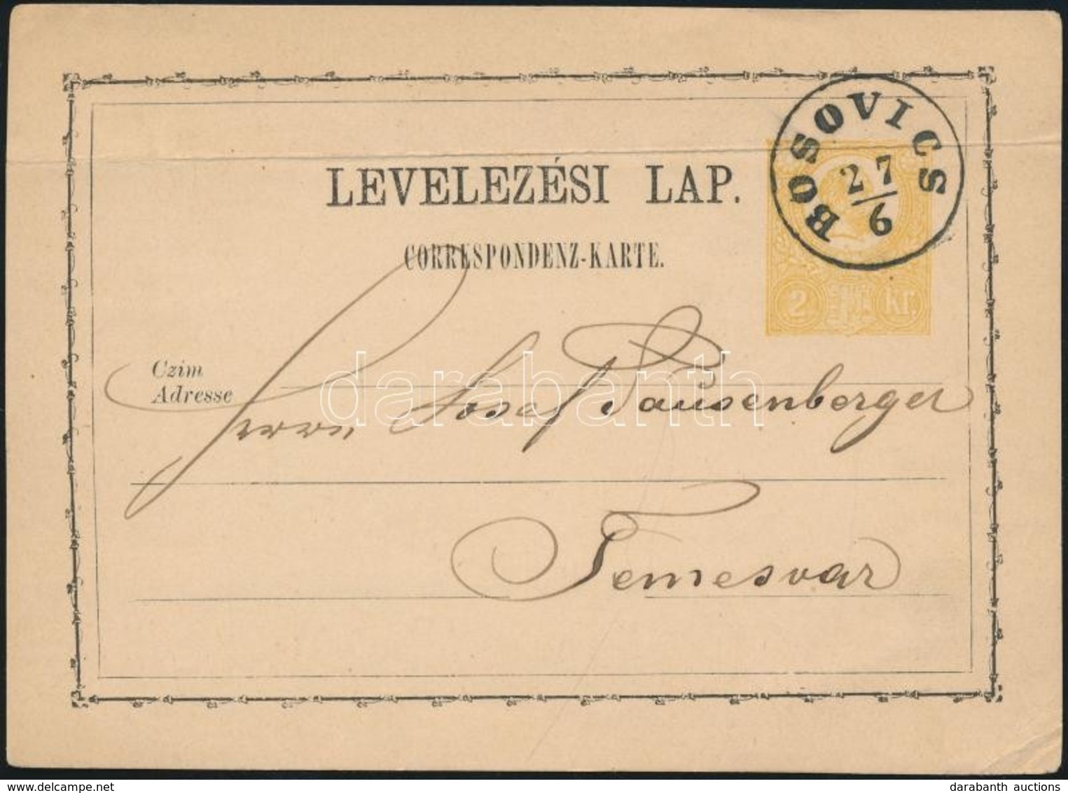 1871 2kr Díjjegyes Levelezőlap / PS-card 'BOSOVICS' - Temesvár - Sonstige & Ohne Zuordnung