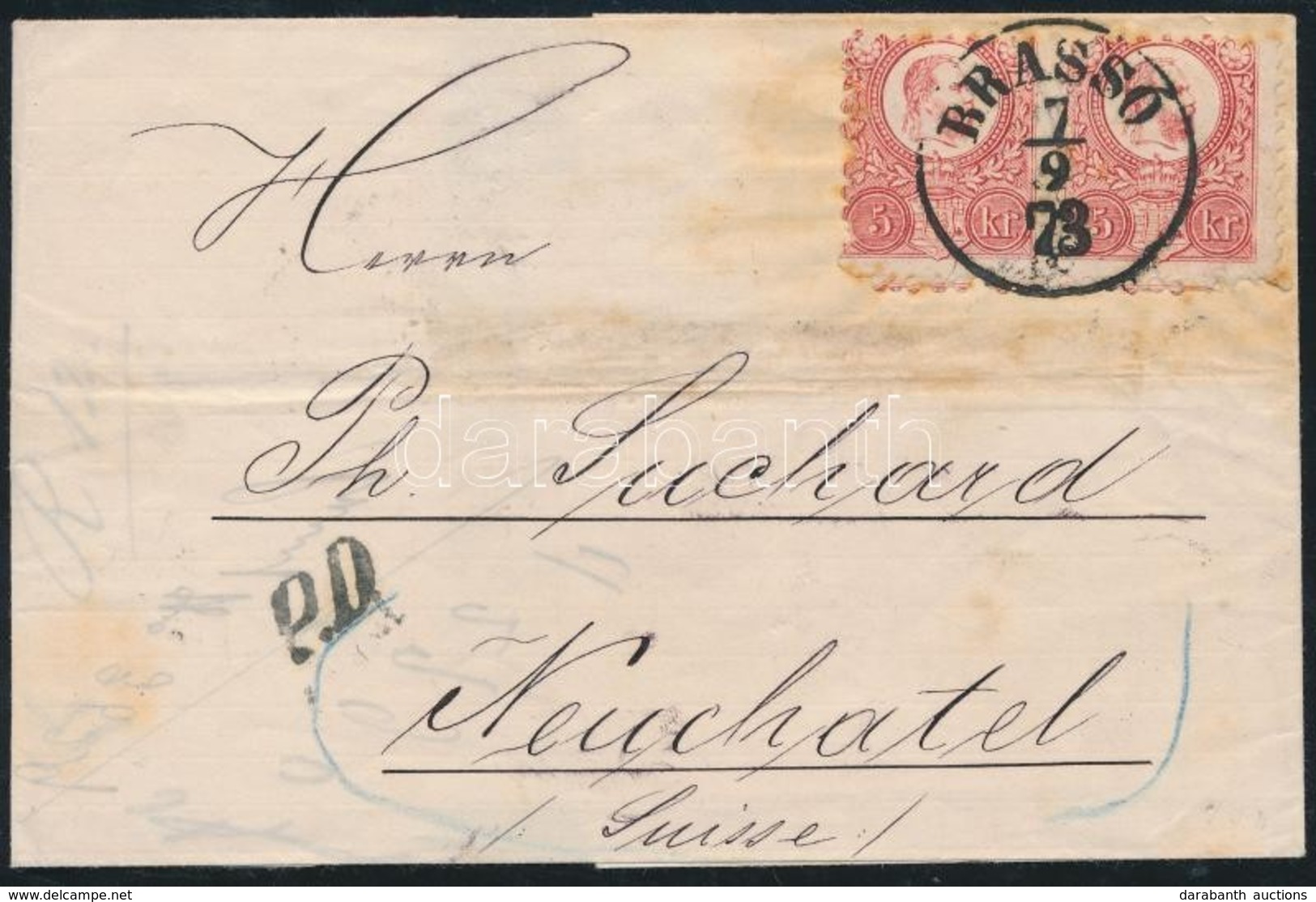 1873 Réznyomat 5kr Pár Levélen Svájcba / Mi 10 Pair On Cover To Switzerland 'BRASSÓ' - 'WIEN' - 'NEUCHATEL' - Other & Unclassified