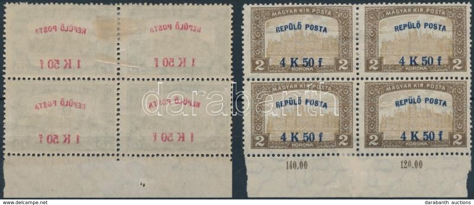 ** * 1918 Repülő Posta Sor ívszéli Négyestömbök, Az 1K50f A Felülnyomat Gépszínátnyomatával / Mi 210-211margin Blocks Of - Other & Unclassified