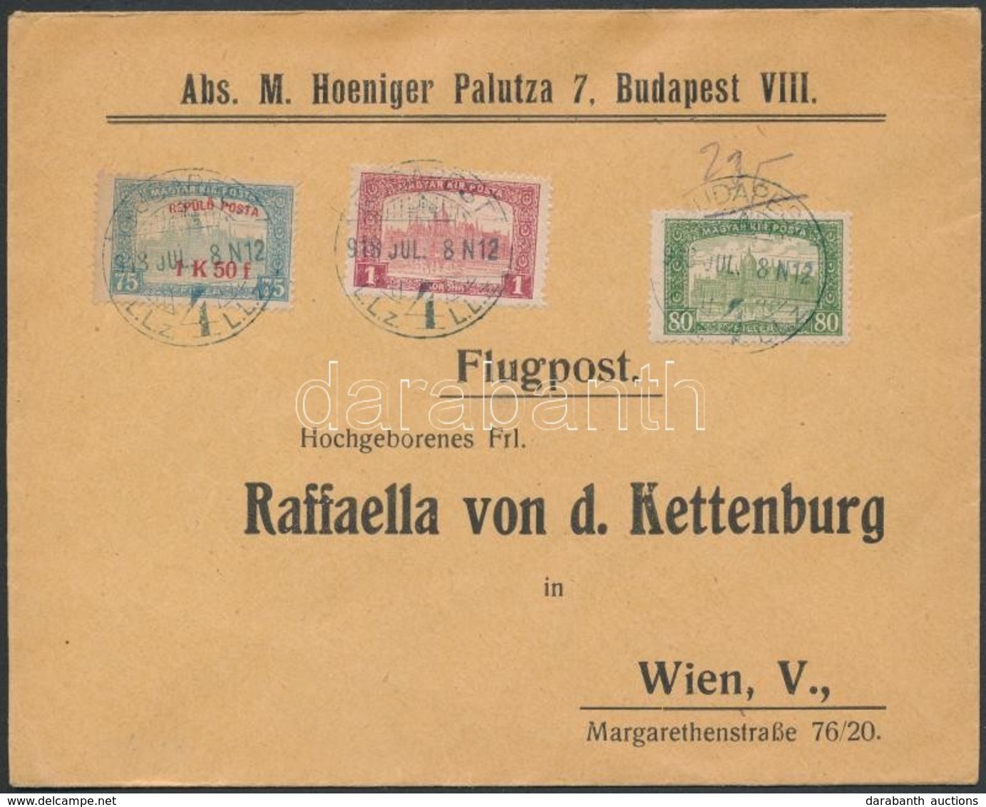 1918.jul. 9. Légi Levél Bécsbe 1K50f Repülő Posta Bélyeggel és 1.80K Kiegészítő Bérmentesítéssel / Mi 210 With Additiona - Other & Unclassified