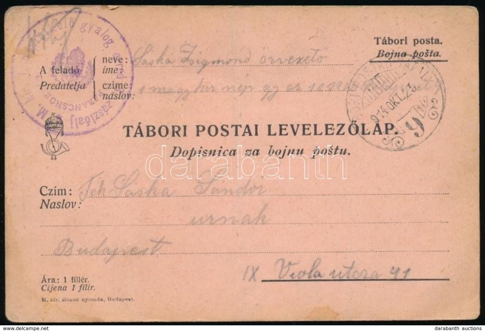 1916 Tábori Posta Levelezőlap 'M.kir. 1. Népfölkelő Gyalog Ezred 3. Zászlóalj Parancsnokság' + 'TP 9' - Autres & Non Classés