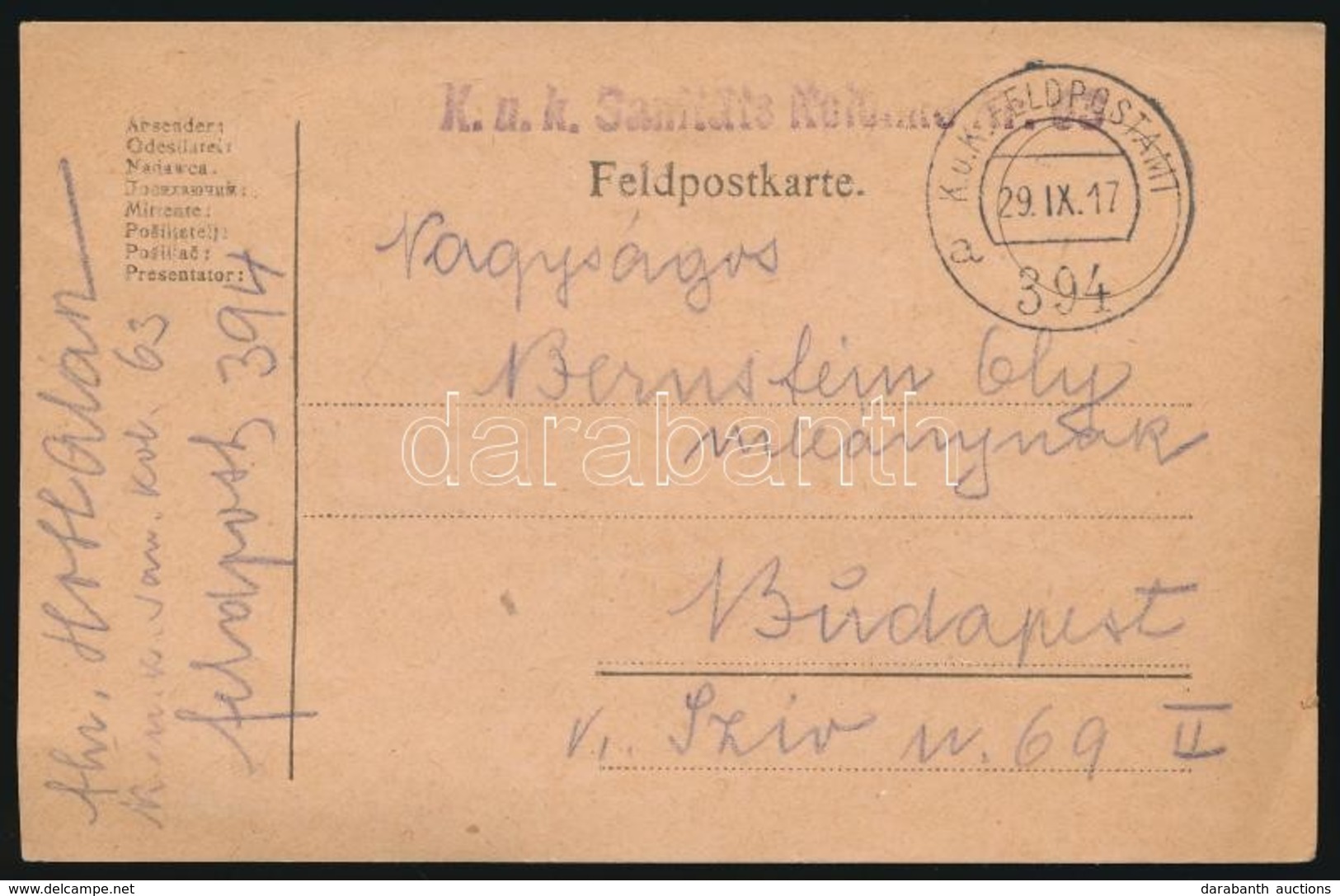 1917 Tábori Posta Levelezőlap 'K.u.k. Sanitäts Kolonne Nr. 63.' + 'FP 394 A' - Autres & Non Classés