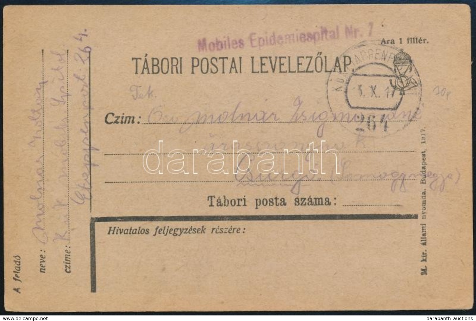 1917 Tábori Posta Levelezőlap / Field Postcard 'Mobiles Epidemiespital Nr.7.' + 'EP 264' - Other & Unclassified