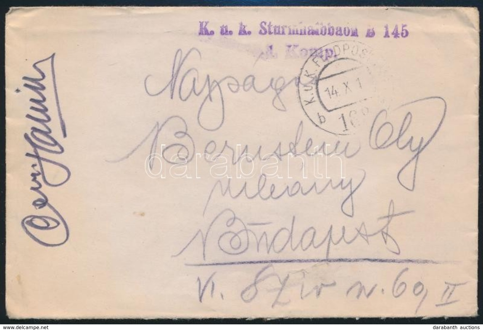 1918 Tábori Posta Levél / Field Post Cover 'K.u.k. Sturmhalbbaon B. 145 1. Komp.' + 'FP 168 B' - Other & Unclassified