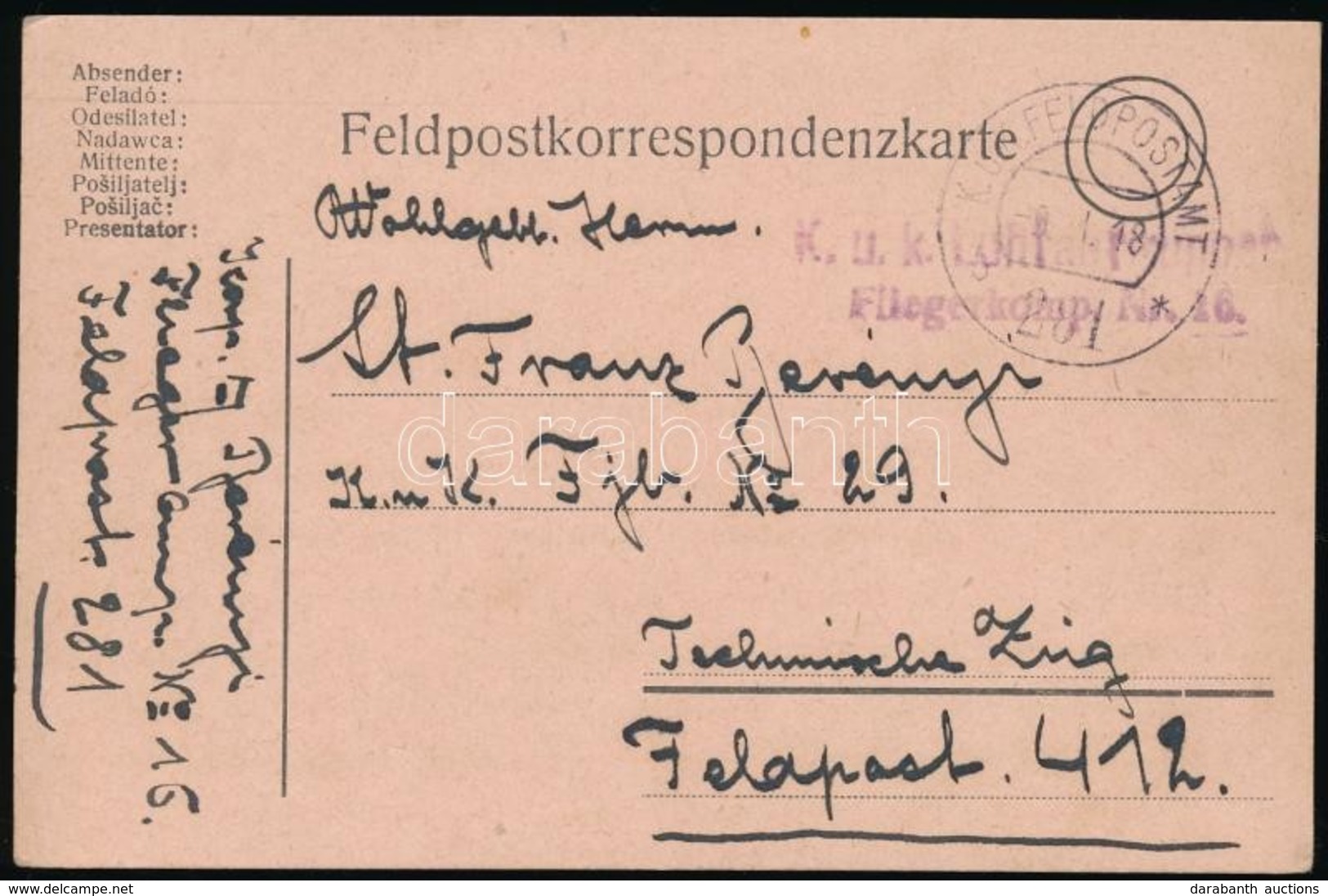 1918 Tábori Lap / Field Postcard 'K.u.k. Luftfahrtruppen Fliegerkompagnie Nr. 16.' + 'FP 281' - Other & Unclassified