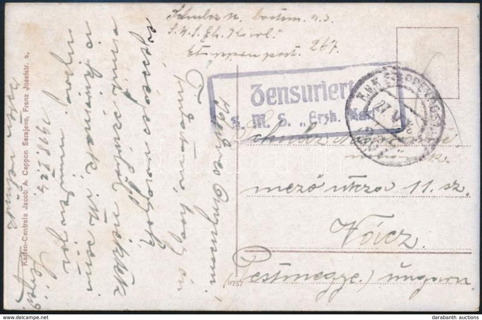 1918 Képeslap Haditengerészeti Postával / Navy Mail Postcard 'Zensuriert S.M.S. Erzh. Karl' + 'EP 267' - Autres & Non Classés