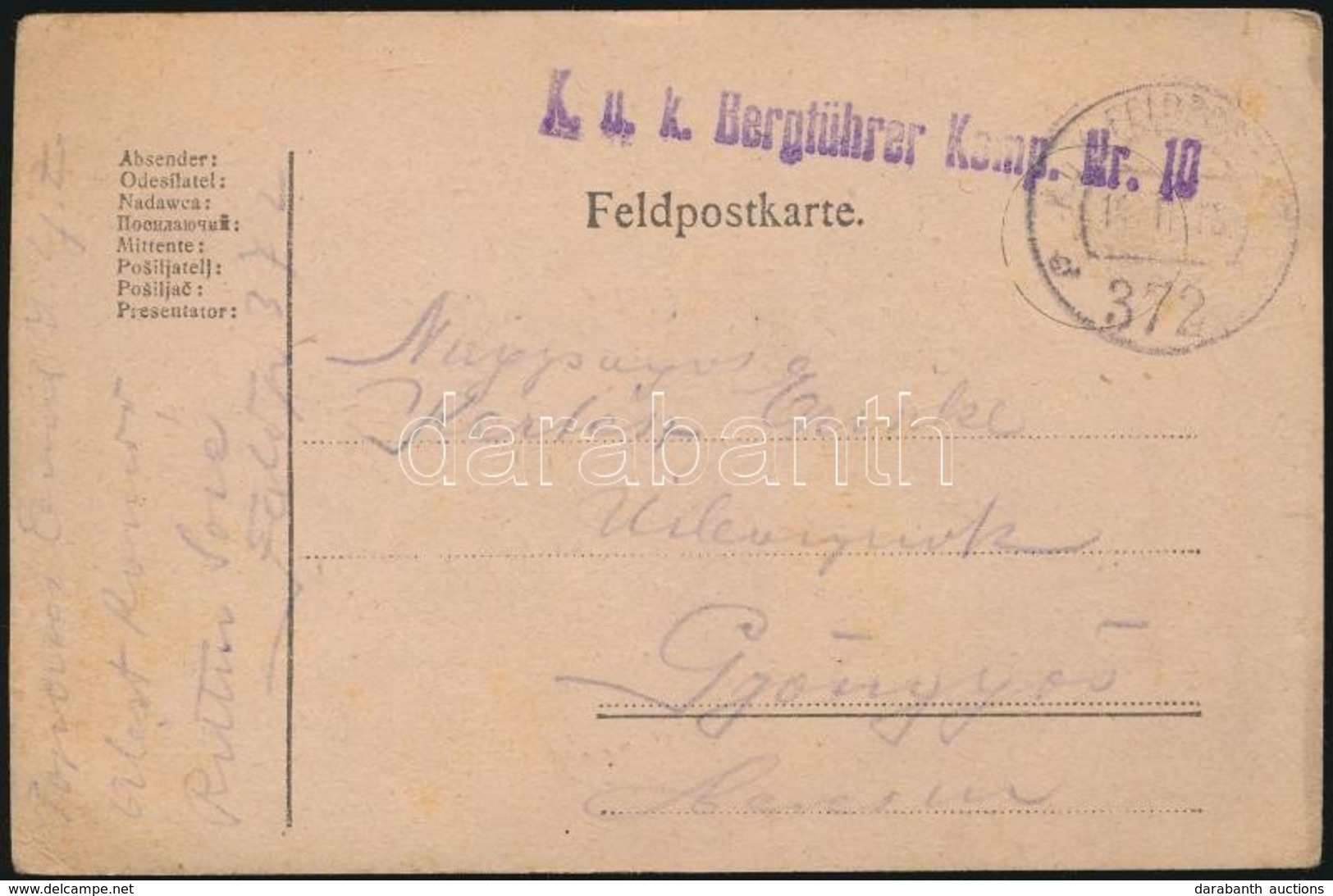 1918 Tábori Posta Levelezőlap 'K.u.k. Bergführer Komp. Nr.10.' + 'FP 372 A' - Autres & Non Classés