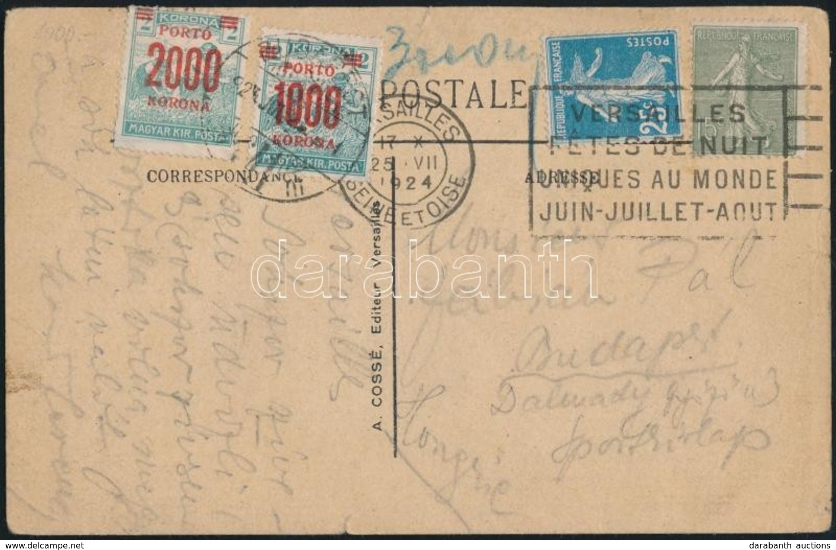 1924 Franciaországból Küldött Képeslap 1000K és 2000K Portóval Budapestre - Other & Unclassified