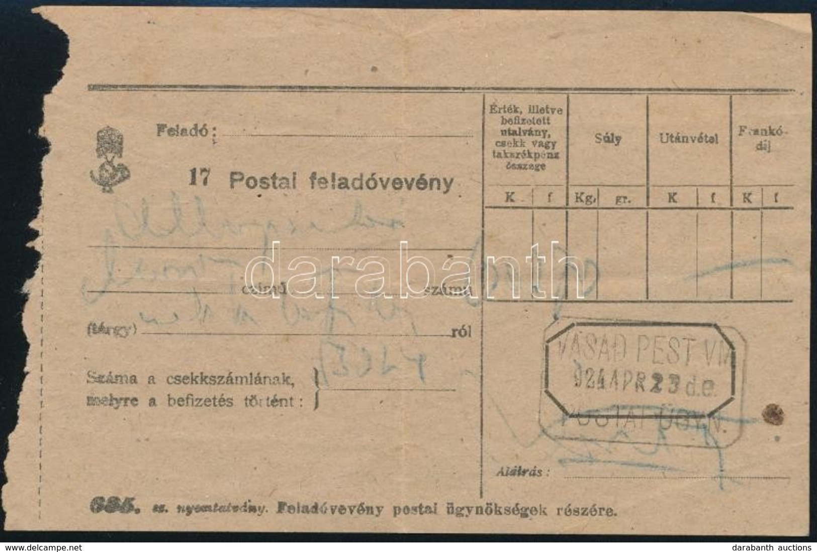 1924 Postai Feladóvevény VASAD PEST VM. Postaügynökségi Bélyegzéssel - Other & Unclassified