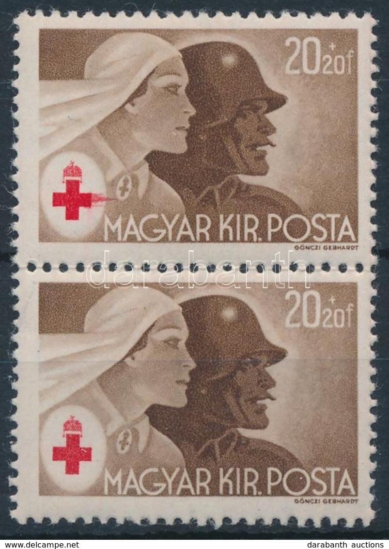 ** 1944 Vöröskereszt 20f Függőleges Pár, A Felső Bélyegen Piros Festékelkenődés - Other & Unclassified