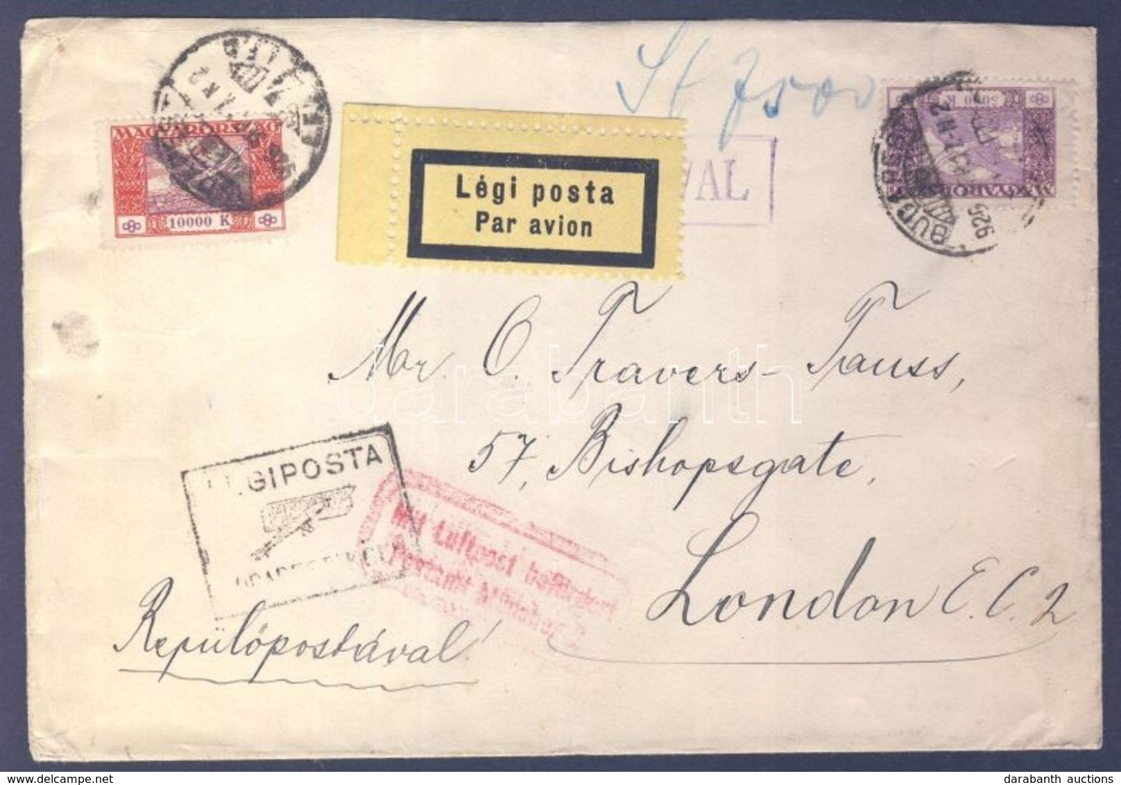 1926 Légi Levél Londonba 'BUDAPEST-KÖLN' Légi Irányító Bélyegzővel / Airmail Cover To London With 'BUDAPEST-KÖLN' Airmai - Autres & Non Classés