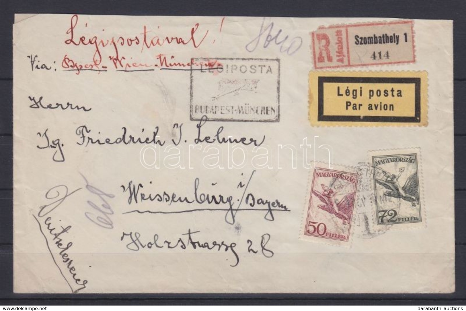 1927 Ajánlott Légi Levél Weissenburgba 'BUDAPEST-MÜNCHEN' Légi Irányító Bélyegzéssel / Registered Airmail Cover To Weiss - Autres & Non Classés